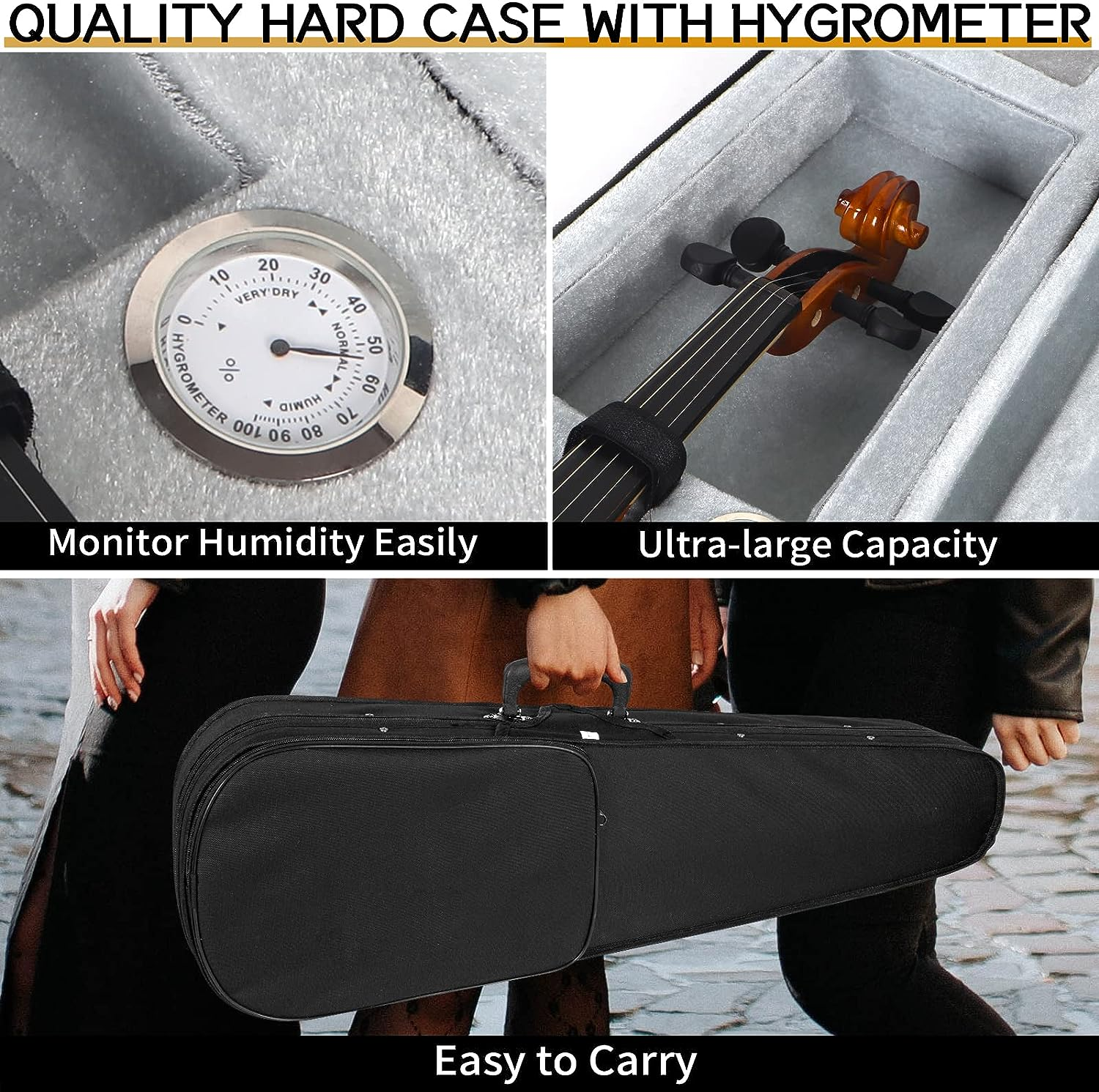 Kmise 4/4 Full Size Set, 4 Solid Wood Fiddle for Adults Beginners Students Kids, with Hard Case with Hygrometer, Violin Bow, Shoulder Rest, Extra Strings (MI3415) image number 5