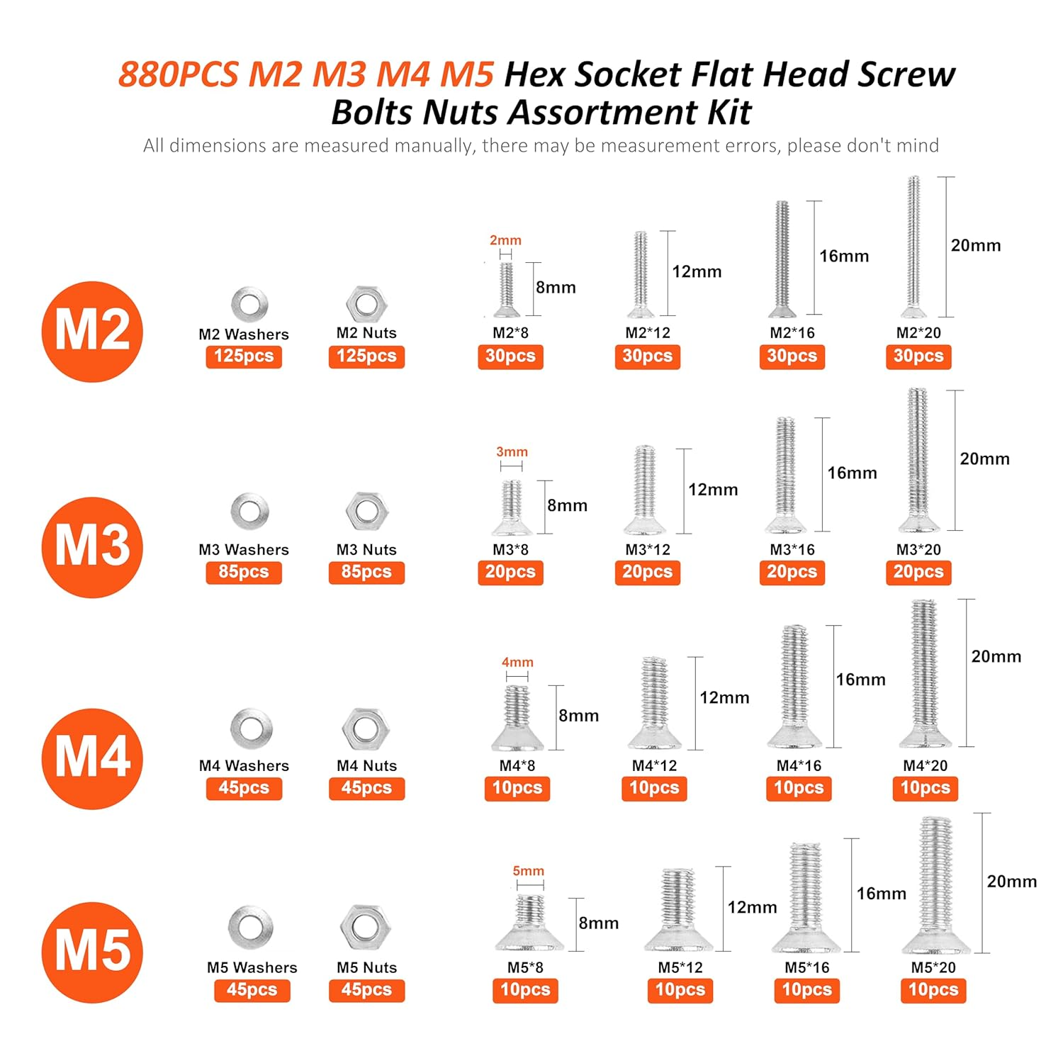 Fullfun 880PCS M2 M3 M4 M5 Hex Socket Flat Head Screw Bolts Nuts Assortment Kit, 304 Stainless Steel Metric Screws with 4PCS Allen Wrenches, Allen Socket Hex Drive Machine Screws Set image number 5