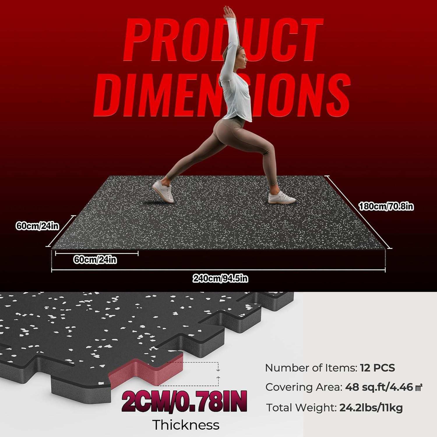 2CM Extra Thick Exercise Equipment Mats, 12 Pcs 60X60Cm Rubber Top with High Density EVA Foam, Large Interlocking Puzzle Floor Protection Mat for Home Gym, Heavy Weight Workout image number 1