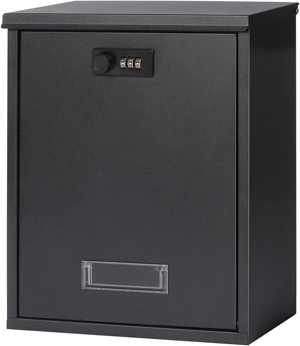Mailbox with Combination Lock, Lovndi Wall Mounted Locking Mailboxes, Medium Capacity Drop Lock Box for Outdoor, Black