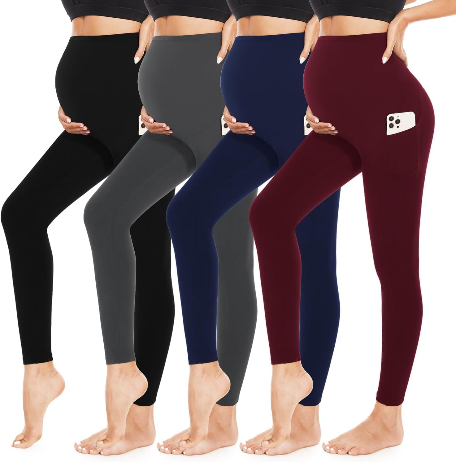 4 Pack Women&rsquo;S Maternity Leggings with Pockets over the Belly Butt Lift - Soft Workout Pregnancy Yoga Pants