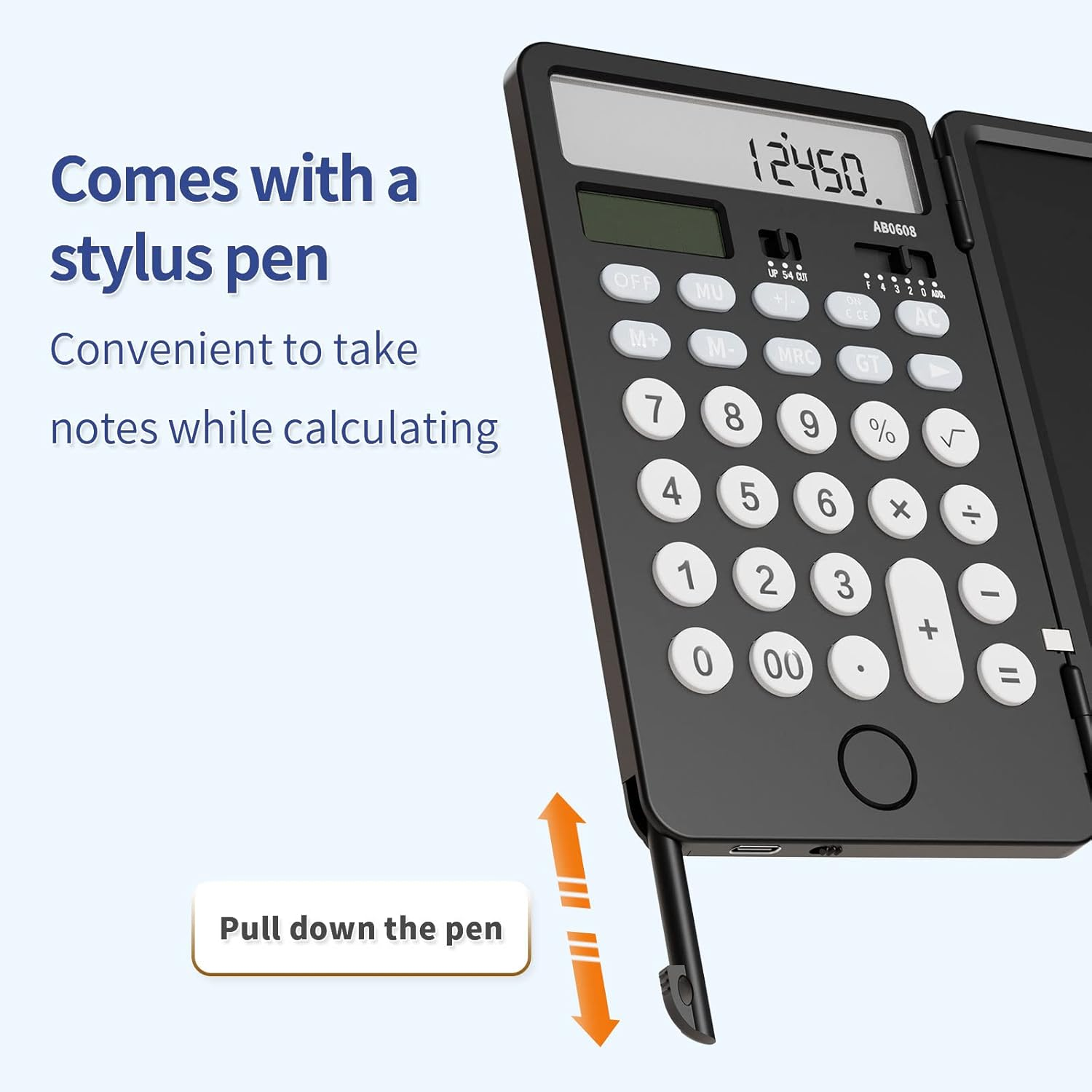 NEWYES Portable Calculator with Notepad, ROATEE Basic Calculator with Writing Tablet,12 Digits Large Display Rechargeable Solar Power Desk Calculator for Office, School AB0608