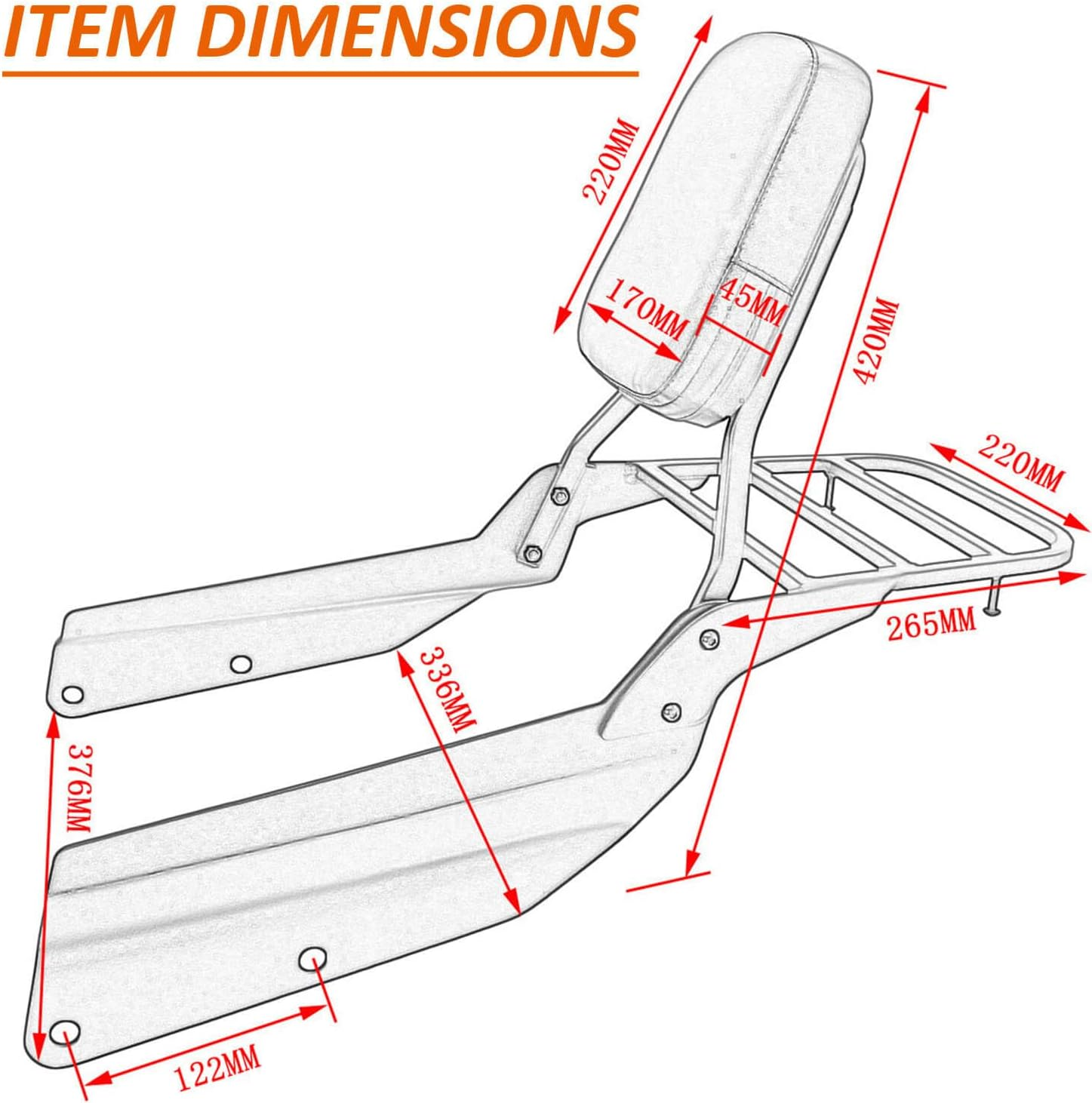 Passenger Sissy Bar with Luggage Rack Rear Backrest for Honda VTX1300 VTX1800 N/R/S/T Model 2002-2009, Chrome image number 5