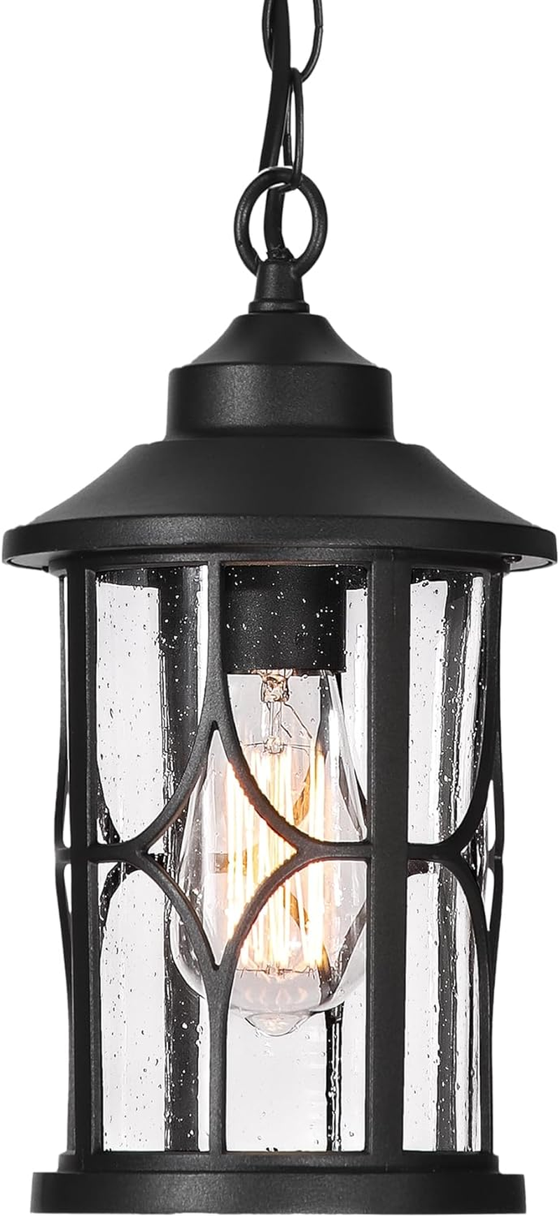 EMLIVIAR Outdoor Pendant Light for Porch - 12 Inch Farmhouse Exterior Hanging Lantern with Seeded Glass, Black Finish, AUX04H BK image number 3