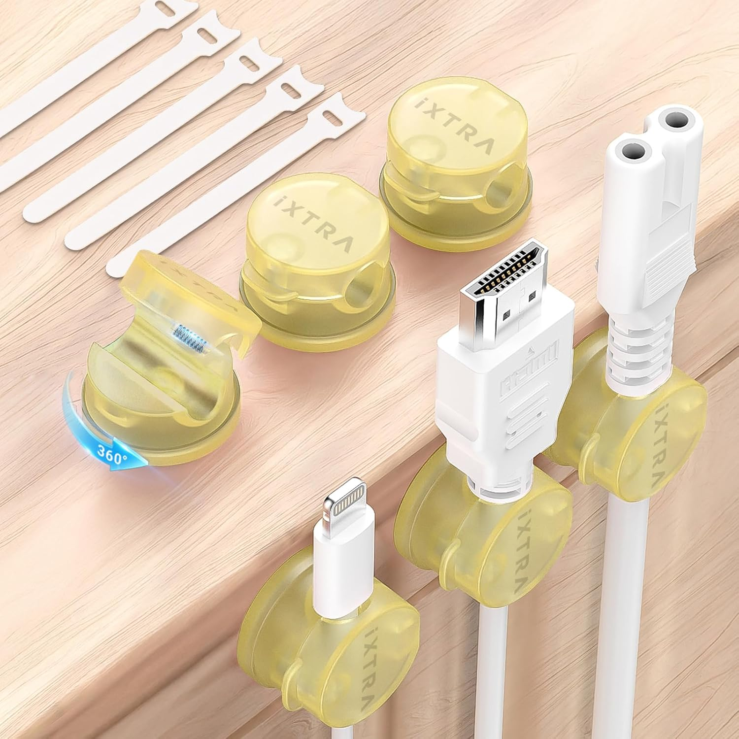 IXTRA 6 Pack Spring Cable Cips Upgrade Rotatable Cord Organizer Desk Cable Management Adhesive Phone Charging USB Wire Holder for Nightstand Office Wall Blue