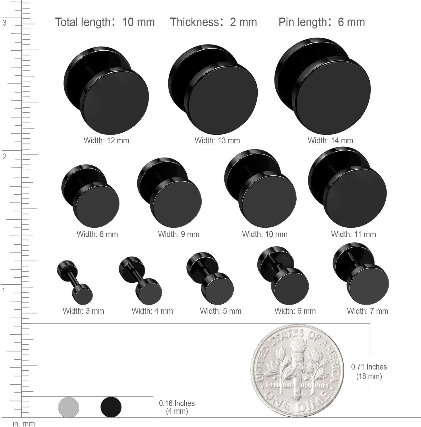 JEWELRIESHOP Black Earrings Men Dot Studs Fake Gauges Plugs Earring Stainless Steel Circle Disc Flat Back Cheater Tunnel Dumbbell Earrings Women (18G,2 Pairs,3Mm-14Mm,Black and Silver) image number 6