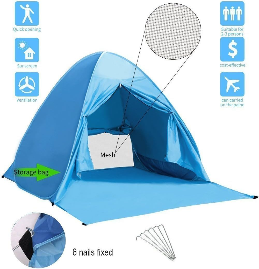Camping Tent UPF 50+ Easy Pop up Beach Tent Waterproof Windproof Camping Shelters Beach Umbrella Backpacking Tent Portable Lightweight Outdoor Tents Hiking Tent for 1-2 Person (Blue 02) - Blue 02 image number 6