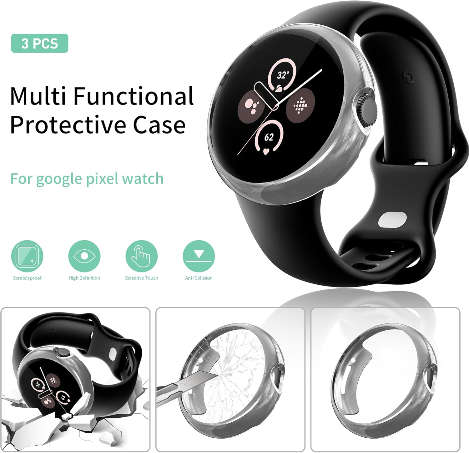 Diruite Pack of 3 Case for Google Pixel Watch Protective Case, Soft TPU Slim Shockproof Plated Screen Protector for Google Pixel Watch Smartwatch Frame Case [Drop Resistant] image number 2