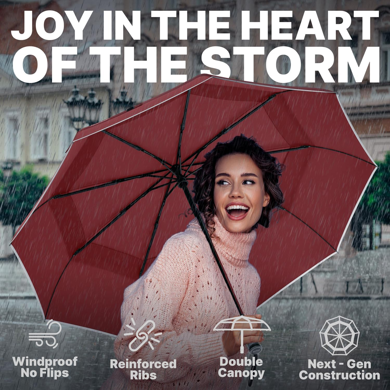 Royal Walk Windproof Folding Travel Umbrella Compact and Strong Luxurious Real Wood Handle Automatic Open Close Vented Double Canopy for Men and Women - Dark Red image number 5