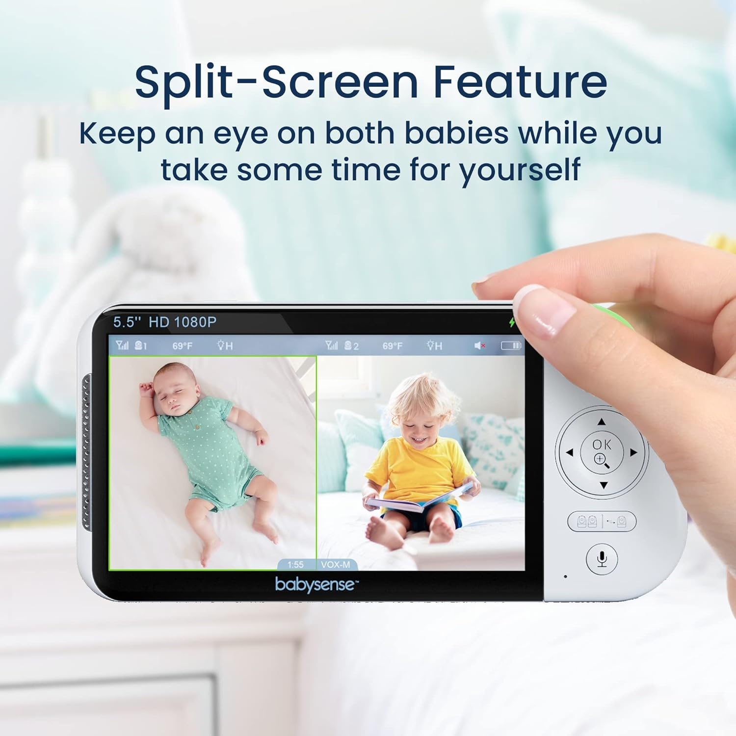 Babysense 5.5&rdquo; 1080P Full HD Split-Screen Baby Monitor, Video Baby Monitor with 2 Cameras and Audio, 6-Color RGB Night Light, 1000Ft Range, Two-Way Audio, 4X Zoom, 5000Mah Battery image number 2