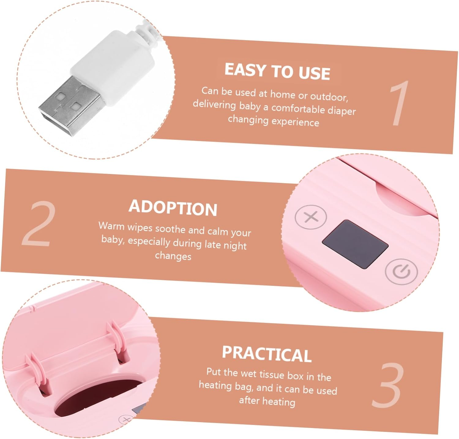 Baby Wipe Warmer USB Portable Wet Tissue Dispenser Adjustable Temperature Cherry Pink Baby Wet Tissue Heater for Newborns Travel Use image number 3
