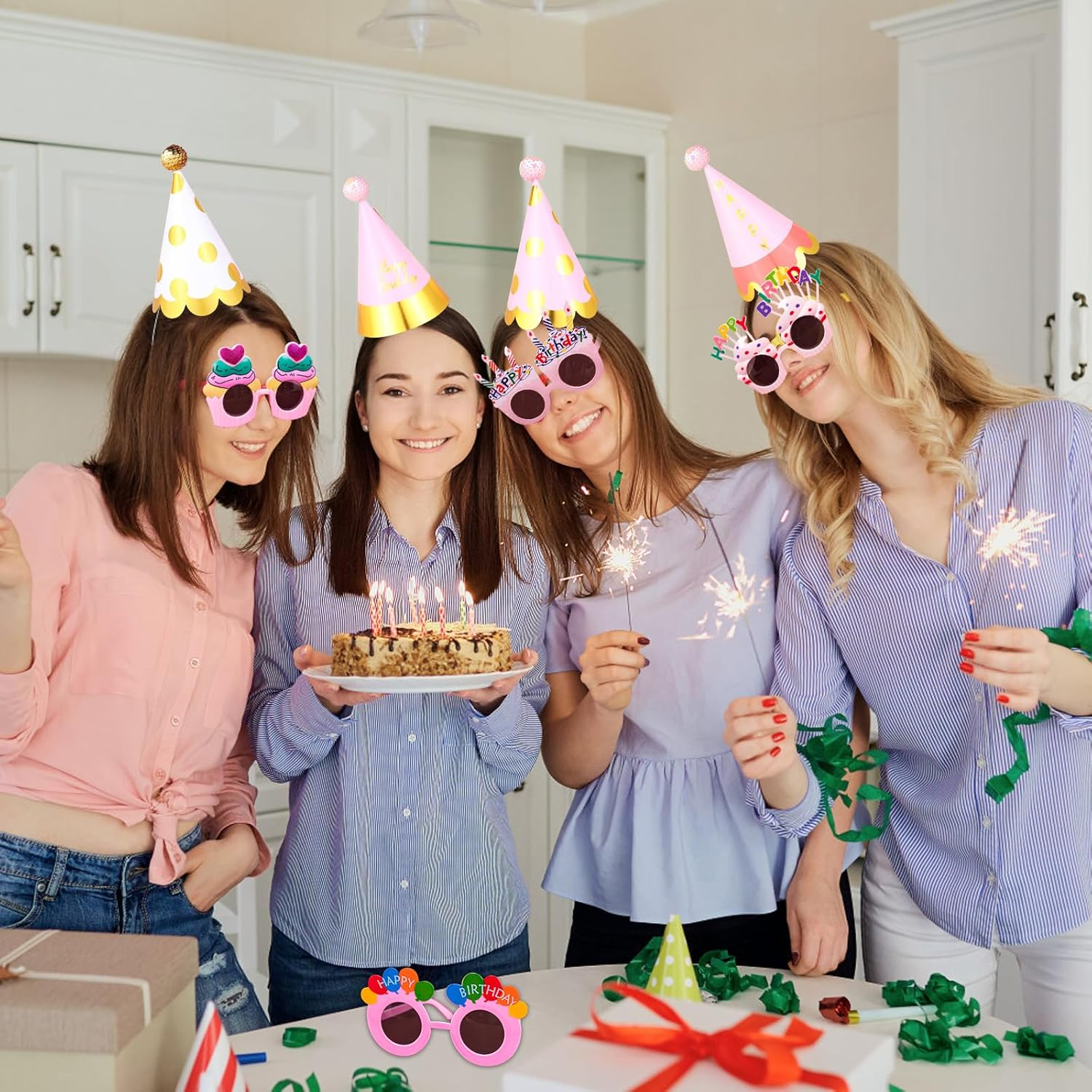 Xugoox 16 Pcs Happy Birthday Party Hats Birthday Sunglasses Pom Pom Assorted Boys Girls Rainbow Birthday Hat and Glasses Paper Cone Hats for All Ages Birthday Party Favors Decor Photo Props image number 1