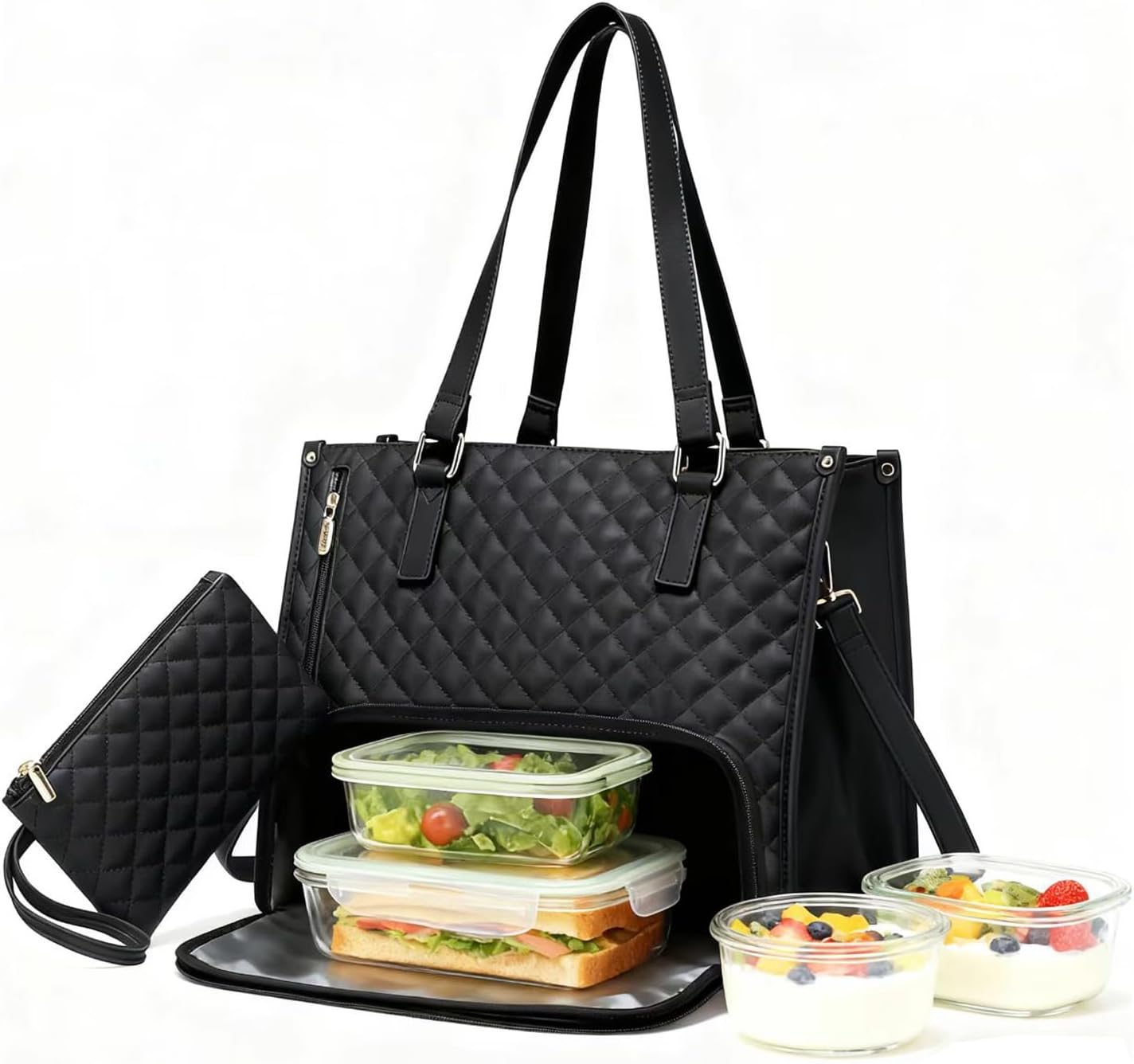 MINYII 2 in 1 Lunch Tote Bag for Women, 15.6 Inch Large Insulated Leakproof Lunch Compartment Bag & Work Tote, Laptop Handbag with Purse for Office, Business, College, Travel