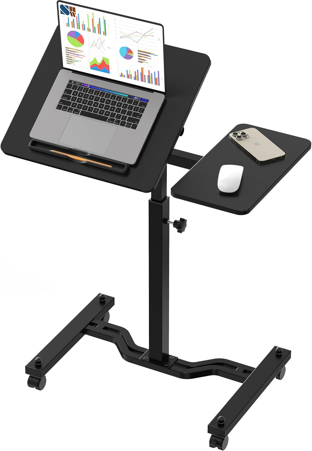 SHW Height Adjustable Tim Rolling Laptop Cart with Tilting Desktop and Side Shelf, 73 to 103.9 Cm, Black image number 3