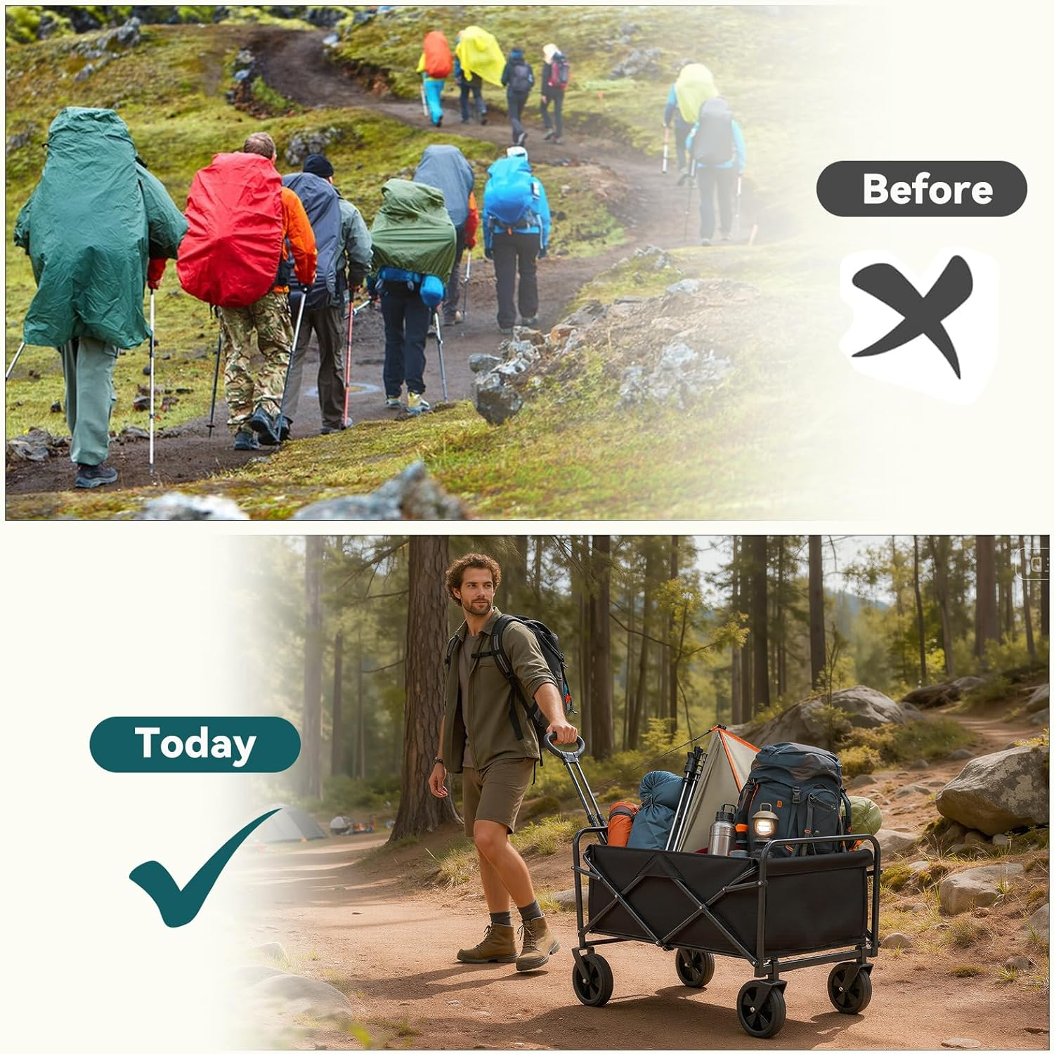 Collapsible Folding Wagon, Outdoor Utility Wagon, Adjustable Beach Wagon Cart with All-Terrain Big Wheels, Portable Grocery Wagon for Outdoor, Camping, Sports, Beach & Shopping image number 6