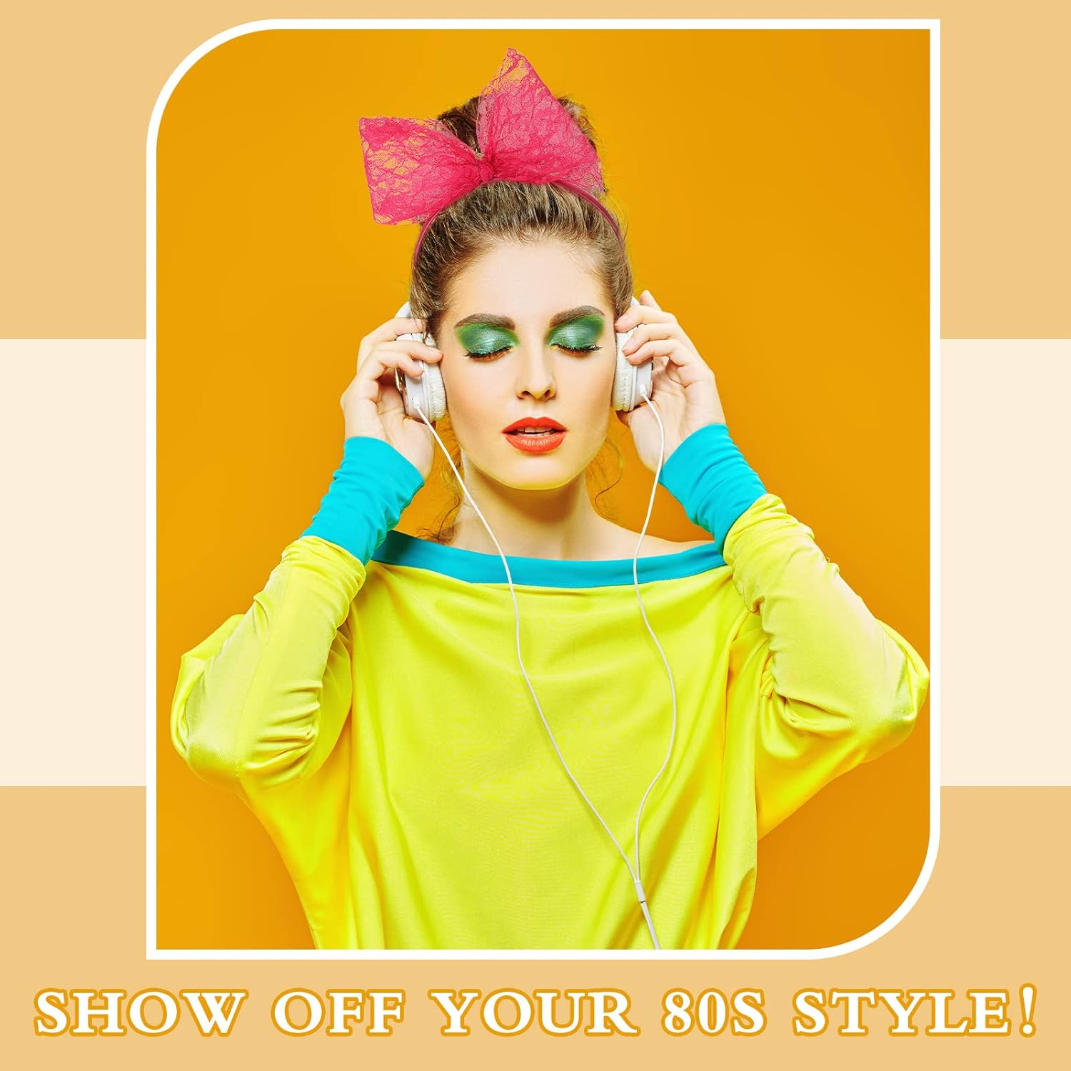 Xinnun Neon Lace Bow Headband for Women 80S Costume Headwear Lace Bow Hair Accessory 1980S Cosplay Accessories for 1980S Theme Party Halloween Hair Hoop Costume image number 6