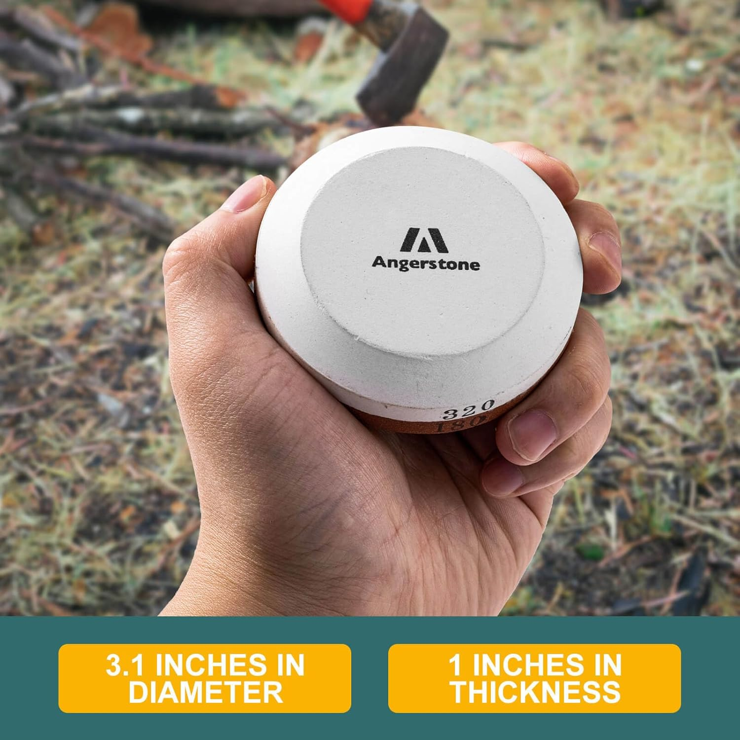 Angerstone Axe Sharpener - Multipurpose Axe/Hatchet Sharpening Stone - Whetstone Blade & Tool Sharpener, Dual Grit 180/320 Sharpening Puck with Leather Sheath image number 6
