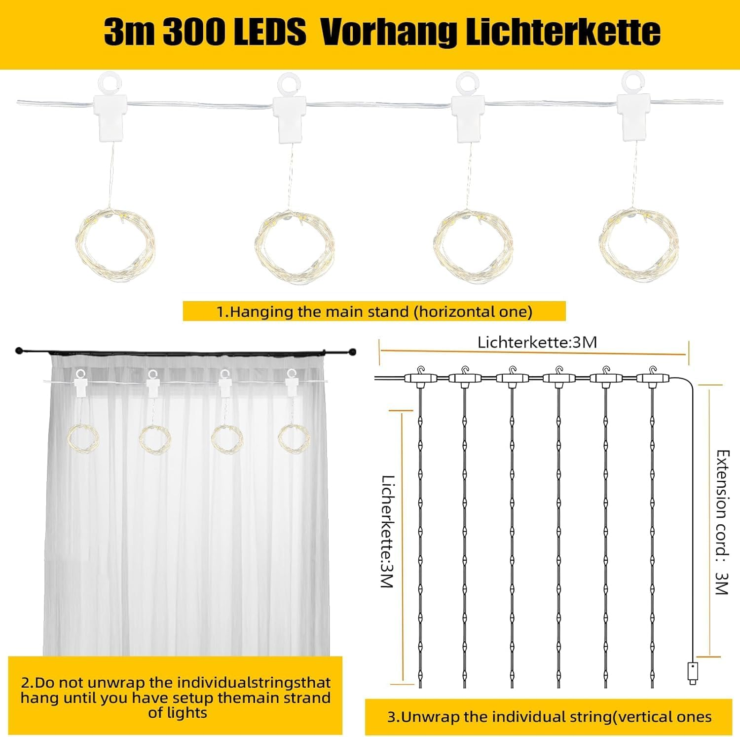 Fairy Curtain Lights 2 Pack, 3M&times;3M 300LED Fairy Lights with 8 Modes Remote Control Timer Adjustable Brightness, Curtain Light Plug in for Bedroom, Garden, Party, Wedding, Christmas