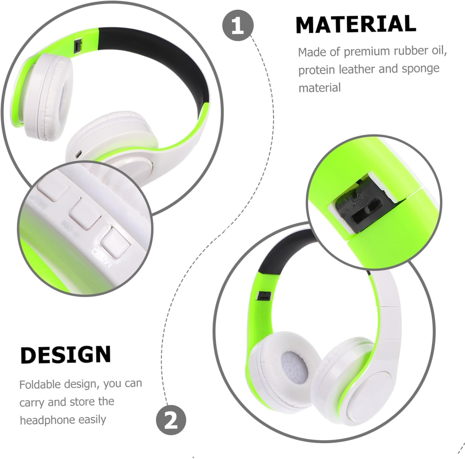 Didiseaon Wireless Foldable Over-Ear Headset Adjustable, Stereo Sound, Noise Reduction for Sports and Travel, Green and White Wireless Headphones image number 4