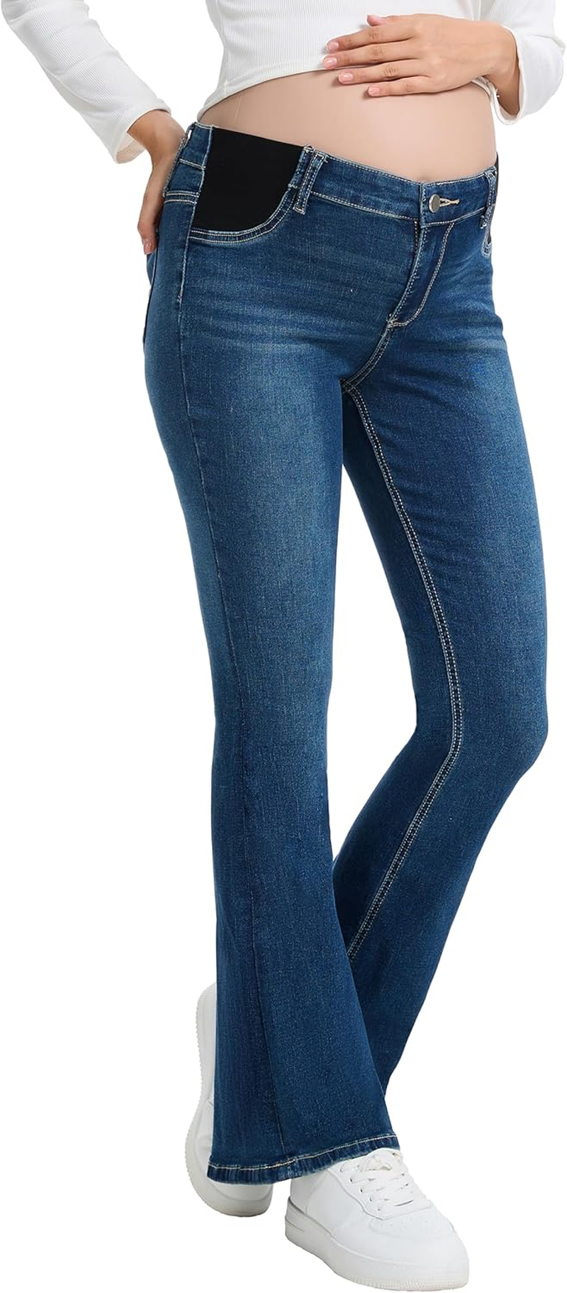 Maternity Jeans for Women Pregnancy Bootcut Jeans Mid-Rise Flare Denim Maternity Pants with Pockets