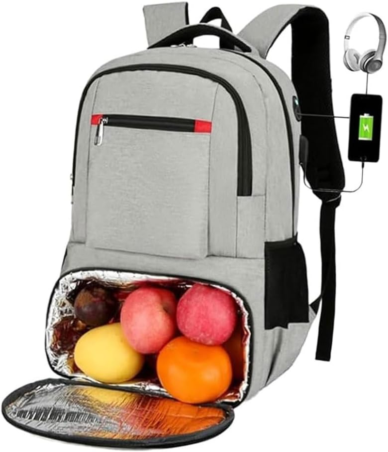 Lunch Backpack with Laptop Compartment &ndash; Waterproof Travel Work Backpack with Insulated Cooler Pocket, USB & Headphone Port, Leak-Proof Lunch Bag for Men & Women