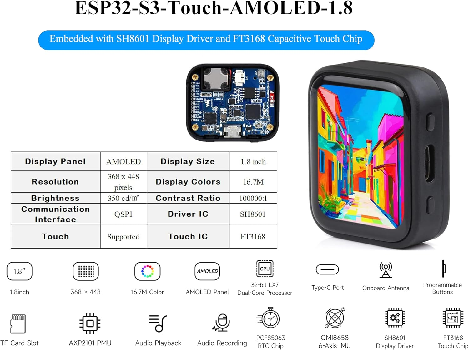 Ueekkoo ESP32-S3 1.8Inch AMOLED Touch Display Development Board, 32-Bit LX7 Dual-Core Processor, 368&times;448 Pixels, Onboard Audio Codec, Support Offline Speech Recognition and AI Speech Interaction image number 3
