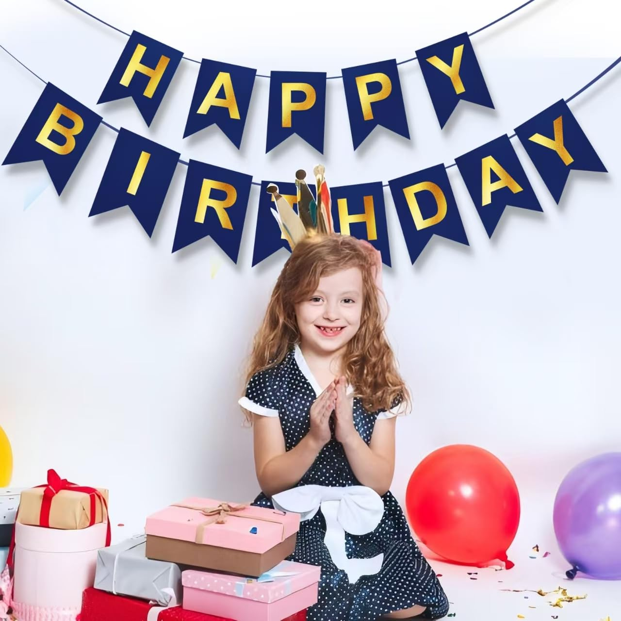 Blue Happy Birthday Banner,Navy Blue and Gold Birthday Party Decorations Sigh for Birthday Decor,Backdrop Birthday Party Supplies,No DIY for Girls Boys Kids and Women Party Hanging(Pre-Strung,16Ft) - Gold image number 7