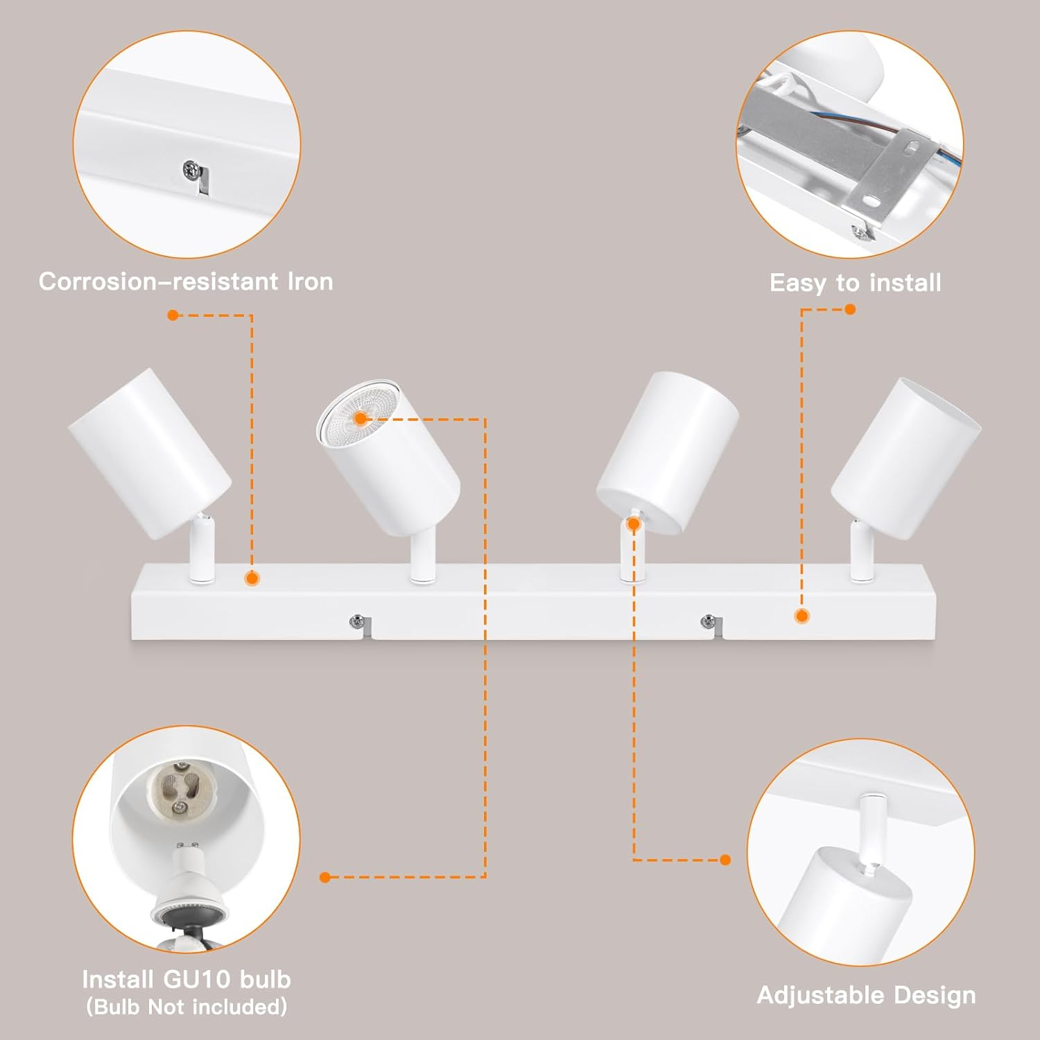 Ketom Adjustable 4 Way Ceiling Spotlight Fitting - GU10 LED Ceiling Light Rotatable - Indoor Spotlights Ceiling Lights - Modern White Metal Ceiling Spotlight - GU10 Bulb Base - Bulb Not Included image number 7