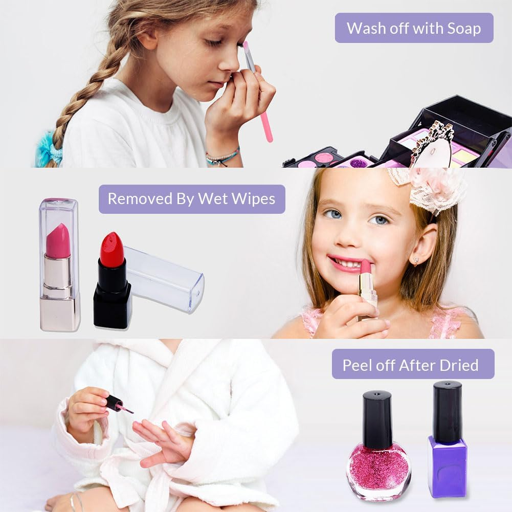 52 Pcs Kids Makeup Set for Girls, Princess Real Washable Pretend Play Cosmetic Set Toys with Mirror, Non-Toxic & Safe, Birthday Gifts for 3 4 5 6 7 8 9 10 Years Old Girls Kids (Purple) image number 4