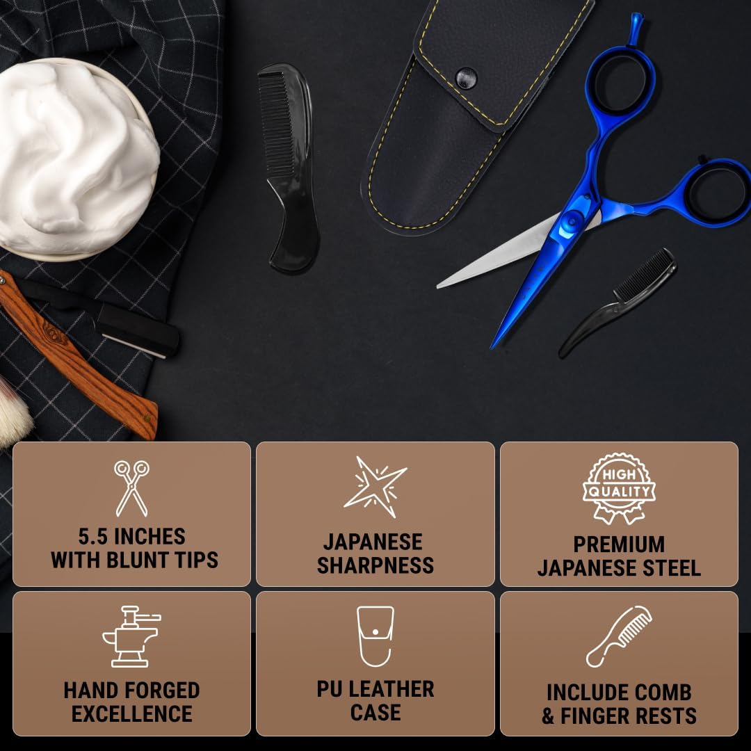 Ontaki 5.5 Inch Beard and Hair Cutting Scissors - Professional Hand Forged Japanese Steel Hairdressing Scissors for Mustache, Bangs, Men (Midnight Blue) - Hair Scissors image number 4
