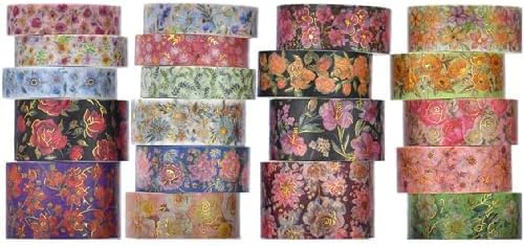KAVI' S 20 Rolls Flowers Washi Tape Set Floral Arts Adhesive Tapes Gold Foil Decorative Masking Tape Sets for Craft, Kids, Scrapbook, DIY, Gift Wrapping