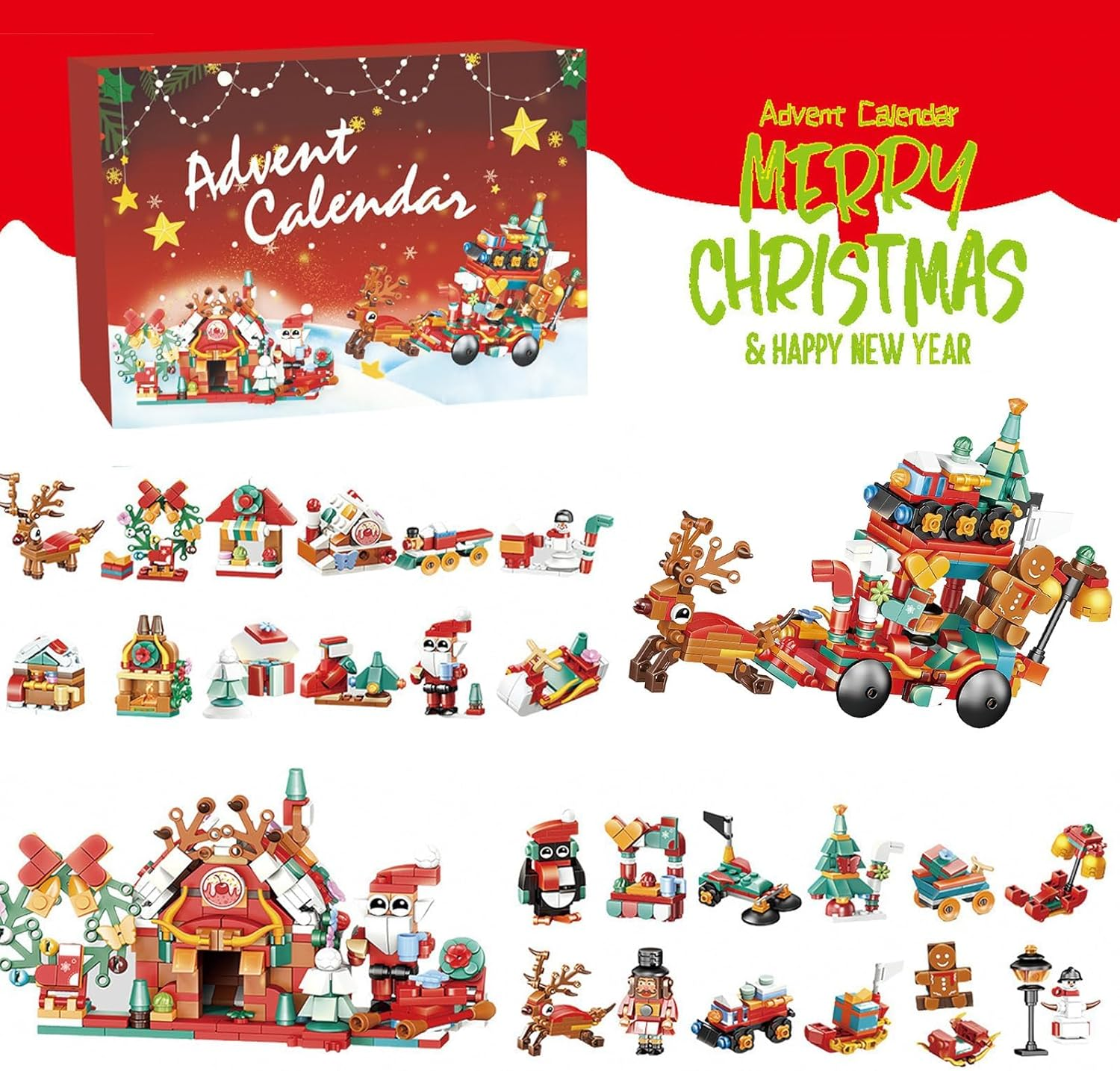Christmas Building Blocks Advent Calendar 2025, Christmas Reindeer Sleigh Building Set 24 Days Surprises Advent Countdown Gift Box for Kids 6-12 Year, Xmas Santa Elk Sleigh Block STEM Toys Age 6+ image number 2