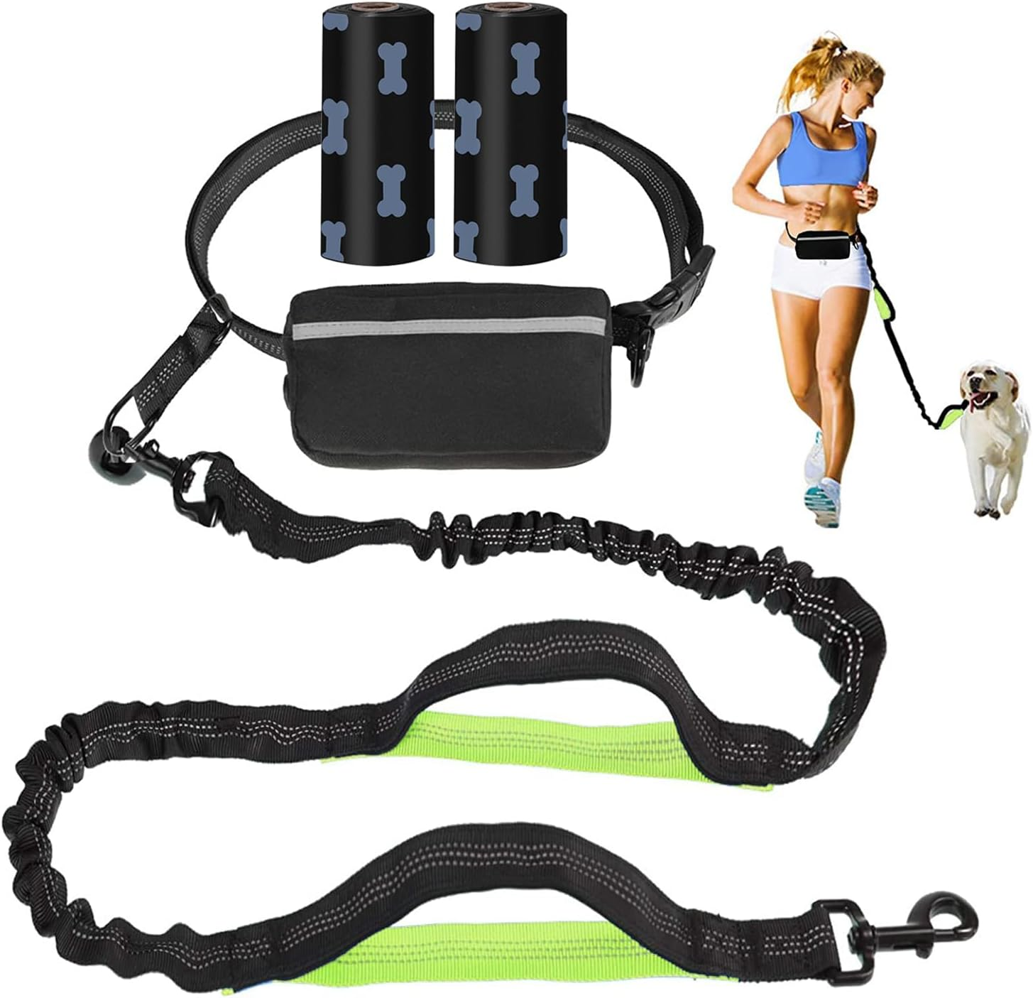UPET Hands Free Dog Leash Professional Reflective Training Leashes Small Medium and Large Dogs Accessories Leads Suitable for Running Walking Jogging Hiking Adjustable Waist Belt Zipper Pouch（Green）