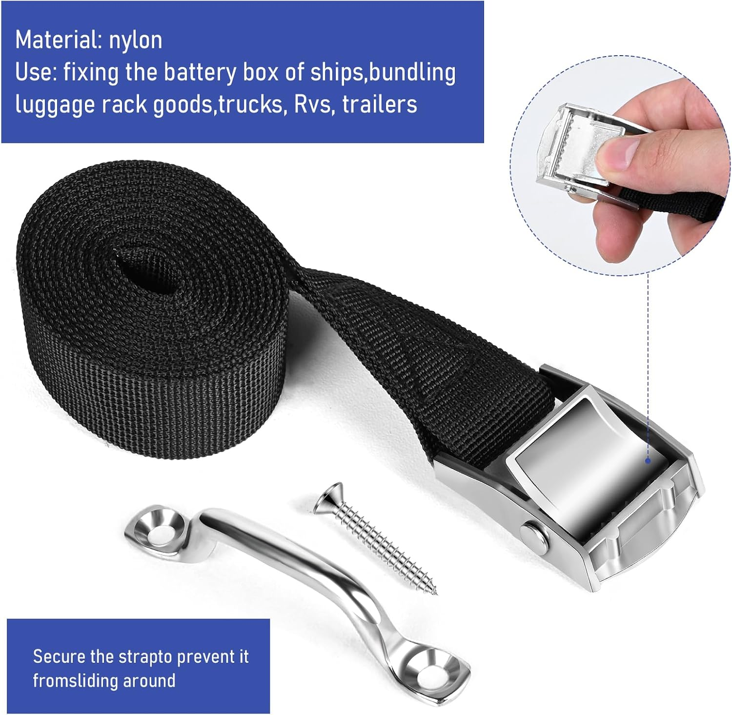 2 Sets 1"X 78"(6.5Ft) Battery Tie down Straps Kit with Stainless Steel Cam Buckle for Boats, Hold down with SS Screws for Cooler, Box, Fuel Tank, Luggage Belt, Cars image number 3