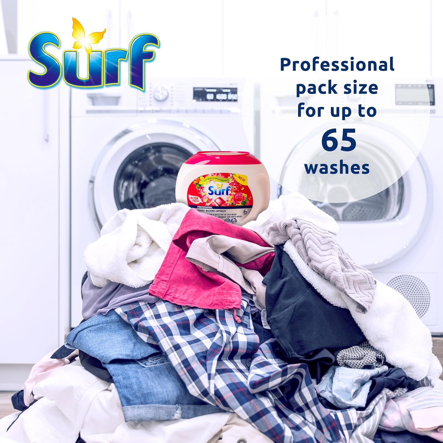Surf Laundry Pods Pre-Measured Detergent Capsules for Top and Front Load Machines - Rapid Dissolve Stain Removal Long Lasting Fresh Fragrance 65 Count Tub - Rose image number 1