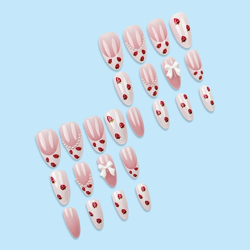 Mouyouglow Glow Press on Nails Short Almond White Strawberries French 3D Bow Tie Bow Tie Pearl Sweet Y2K Fake Nails with Nail Glue, White Strawberries Tips INS Artificial Fingernails - Akh13 image number 5