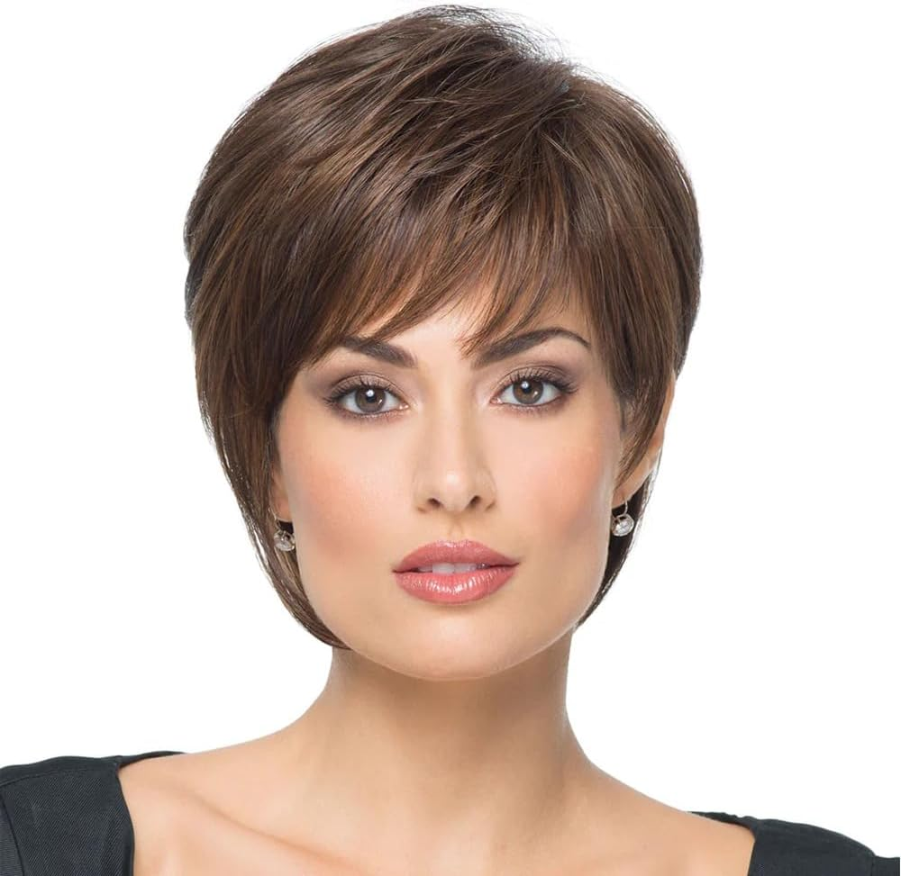 AUBWIG Short Pixie Cut Wigs Tiered Fluffy with Fringe Natural Straight Synthetic Short Hair Wigs Heat Resistant Full Wigs for Women (Brown) image number 5