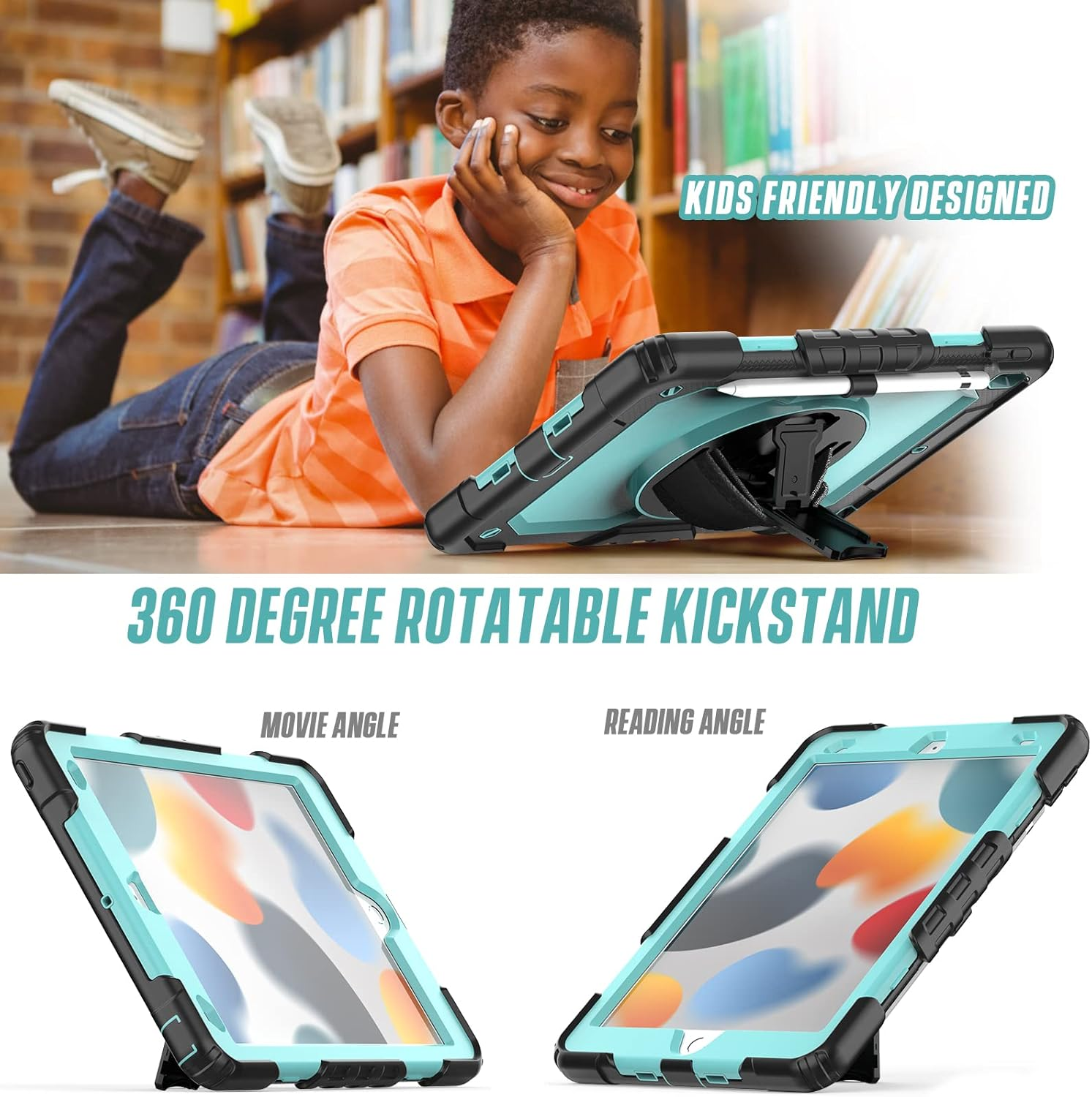 Herize Ipad 10.2 Case,Ipad 9Th/8Th/7Th Generation Cases 2021 2020 with Screen Protector, Heavy Duty Hard Durable Shockproof Protective Case Cover with Stand,Hand Strap,Shoulder Strap for Kids,Skyblue image number 6