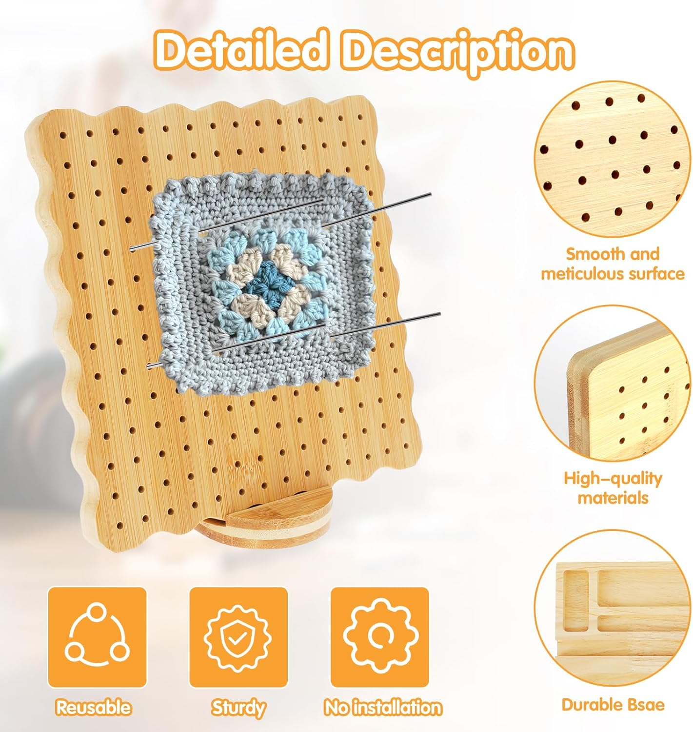 Abizarch Crochet Blocking Board with Oval Base 7.7In Granny Square Blocking Board 196 Holes Wood Blocking Board Knitting Crochet Board with 20 Steel Rod Pins 5 Needles for Knitting Crochet DIY Crafts image number 6