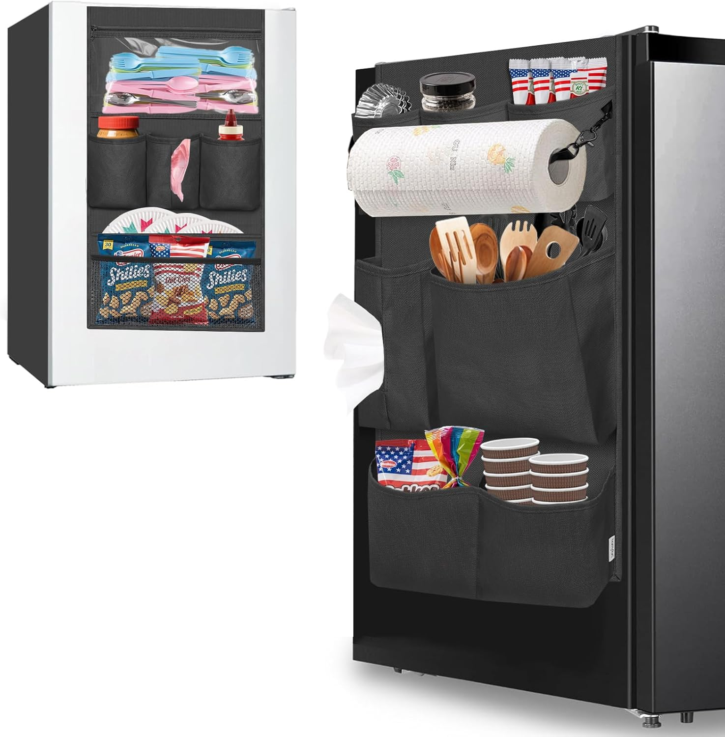 Mini Fridge Organizer, over the Fridge Storage Organizer with 14 Pockets, College Dorm Fridge Storage for Office, Kitchen, Home, School, Black image number 2