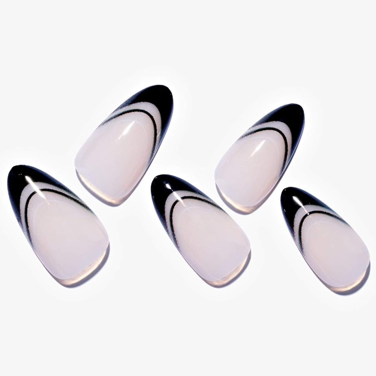 GLAMERMAID Black False Nails - French Tip Almond, 24 Pcs Reusable Stick on Nails Kit for Women Salon