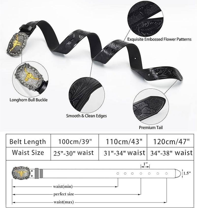 Western Leather Cowboy Belt for Men and Women - Engraved Floral Longhorn Bull Buckle for Jeans