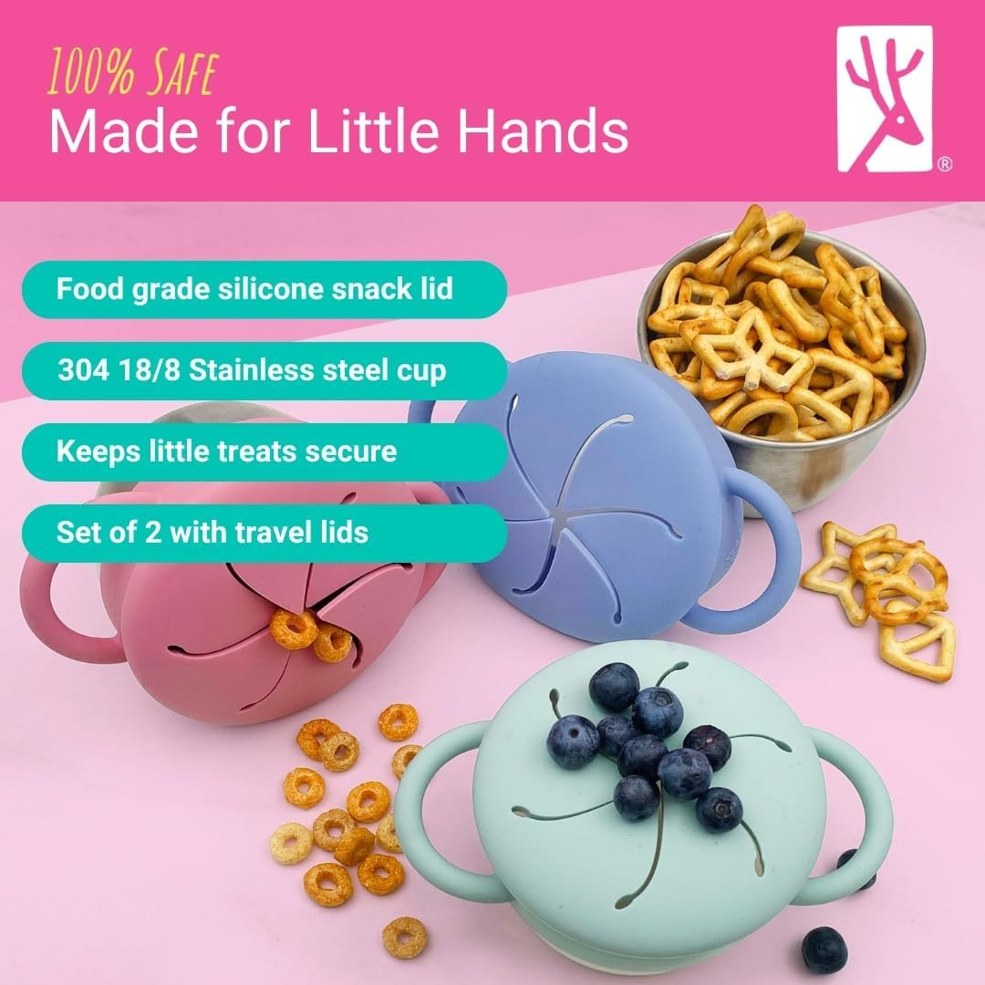 Elk and Friends Stainless Steel Snack Cups | Removable Silicone Food Catcher and Travel Lid | Spill-Proof Snack Containers for Baby, Toddler, Kids | Dishwasher Safe | 2 Pack image number 1