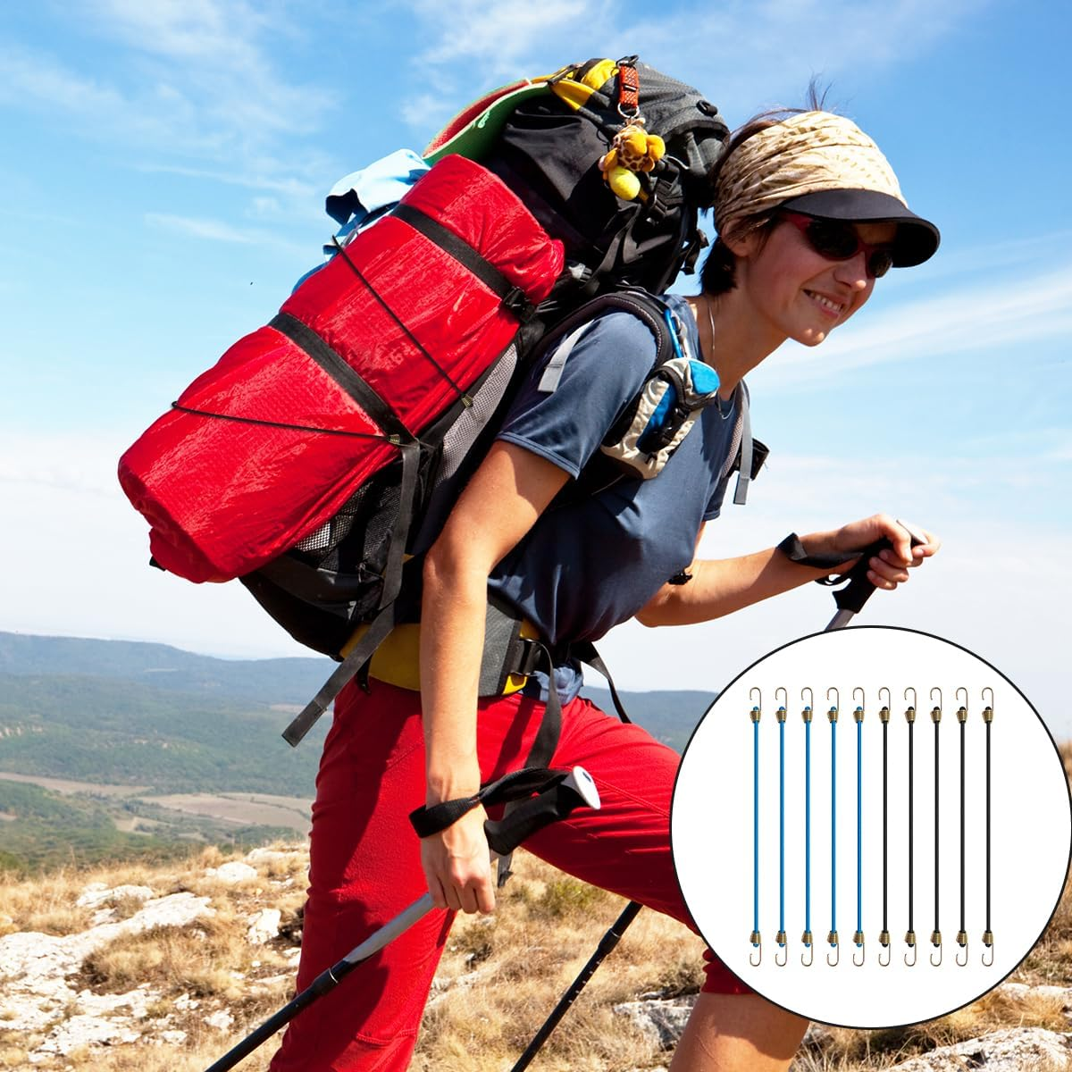 NILLOS Elastic Bungee Cords, 10 PCS Black and Blue Elastic Rope Rubber Strap with Metal Hooks for Bikes, Wire Racks, Tents, Luggage (About 27Cm/10.6In)