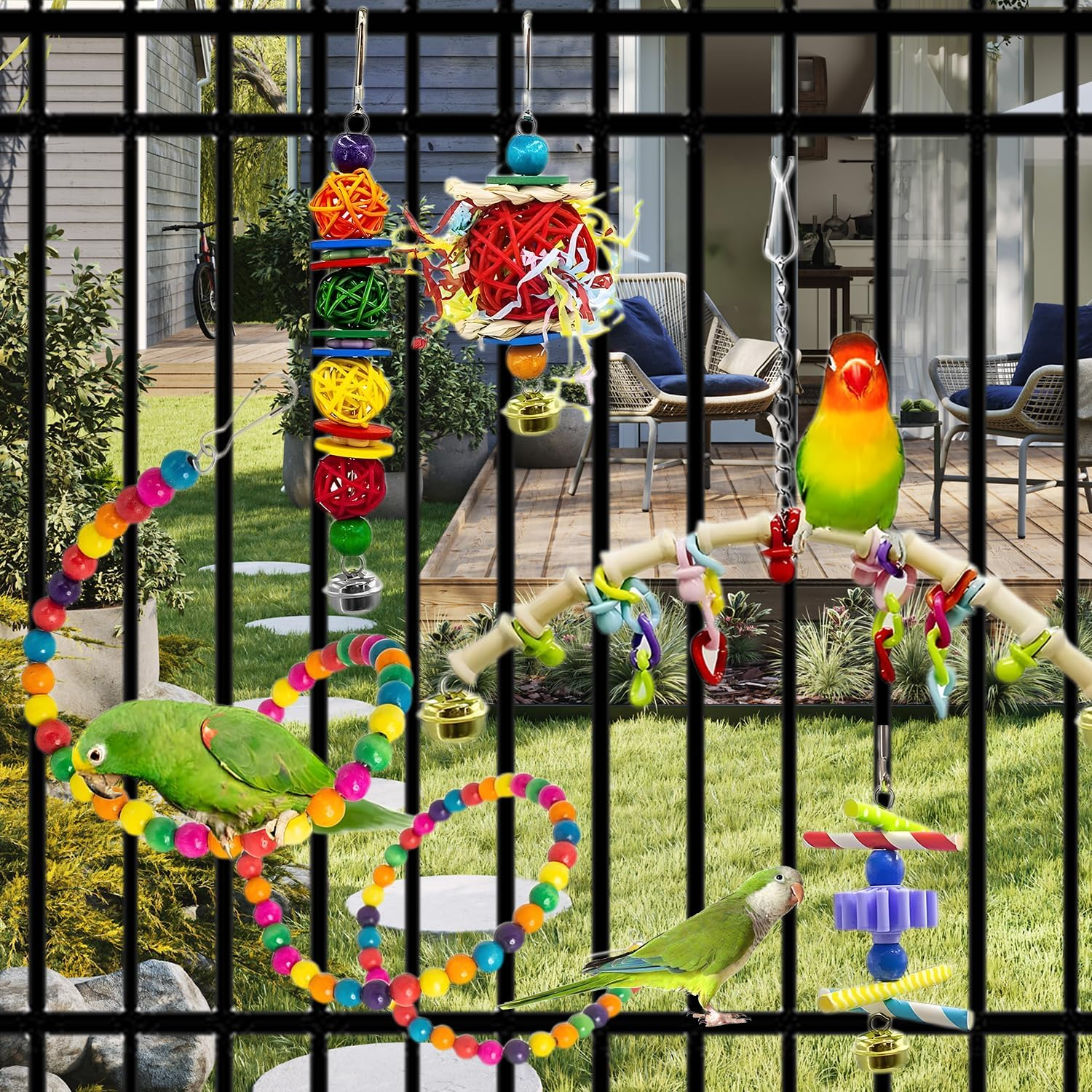 Uandhome Bird Parakeet Toys,15 Pcs Parrot Toys,Parakeets Toy,Birds Ladder Swing,Hanging Bird Toyes for Parrots,Cockatiel Toys for Parakeet,Conure,Finches (Stand) image number 4