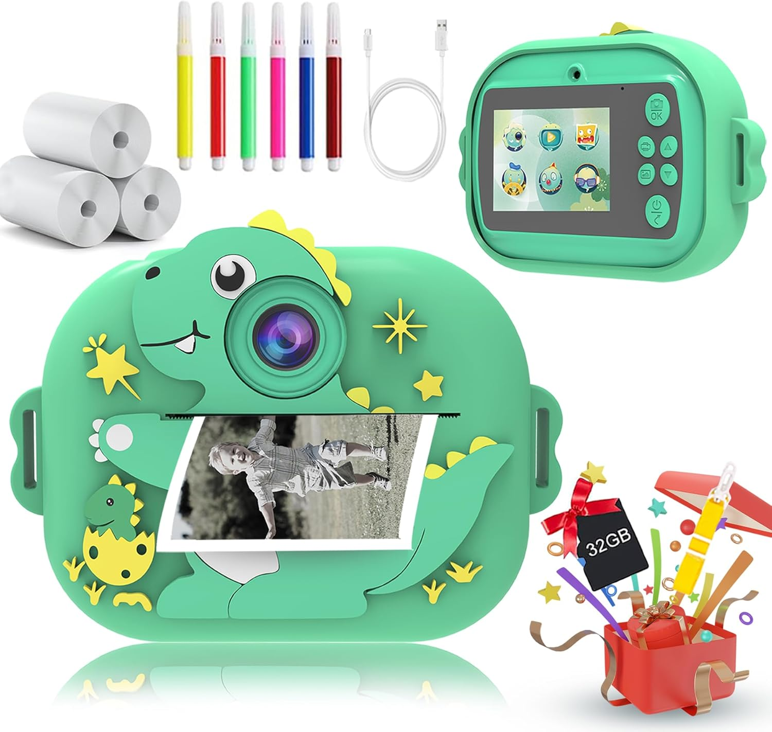 Kids Camera Instant Print,Iggdoqi Kids Digital Camera with 3 Rolls Print Paper,2.4 Inch 1080P Screen Toddler Digital Camera with 32GB TF Card for 3-12 Girls Boys Christmas Birthday Party Gift(Green)