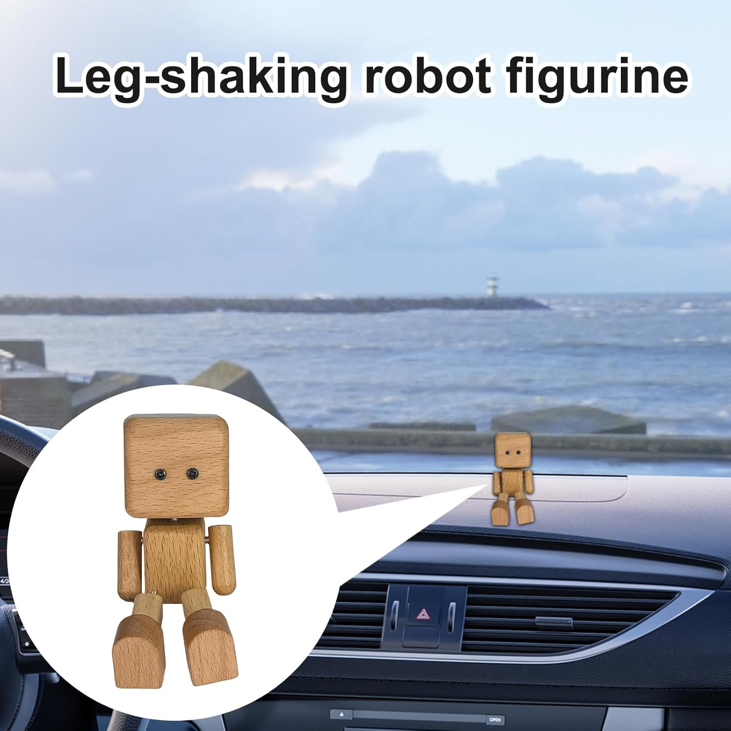 Shaking Wooden Man, Cute Shaking Feet Wooden Man Doll Figurine, Automotive Interior Decorations Display Ornaments for Long Driving Shelf Road Trip Home Desk Tabletop - Covered Beech image number 2
