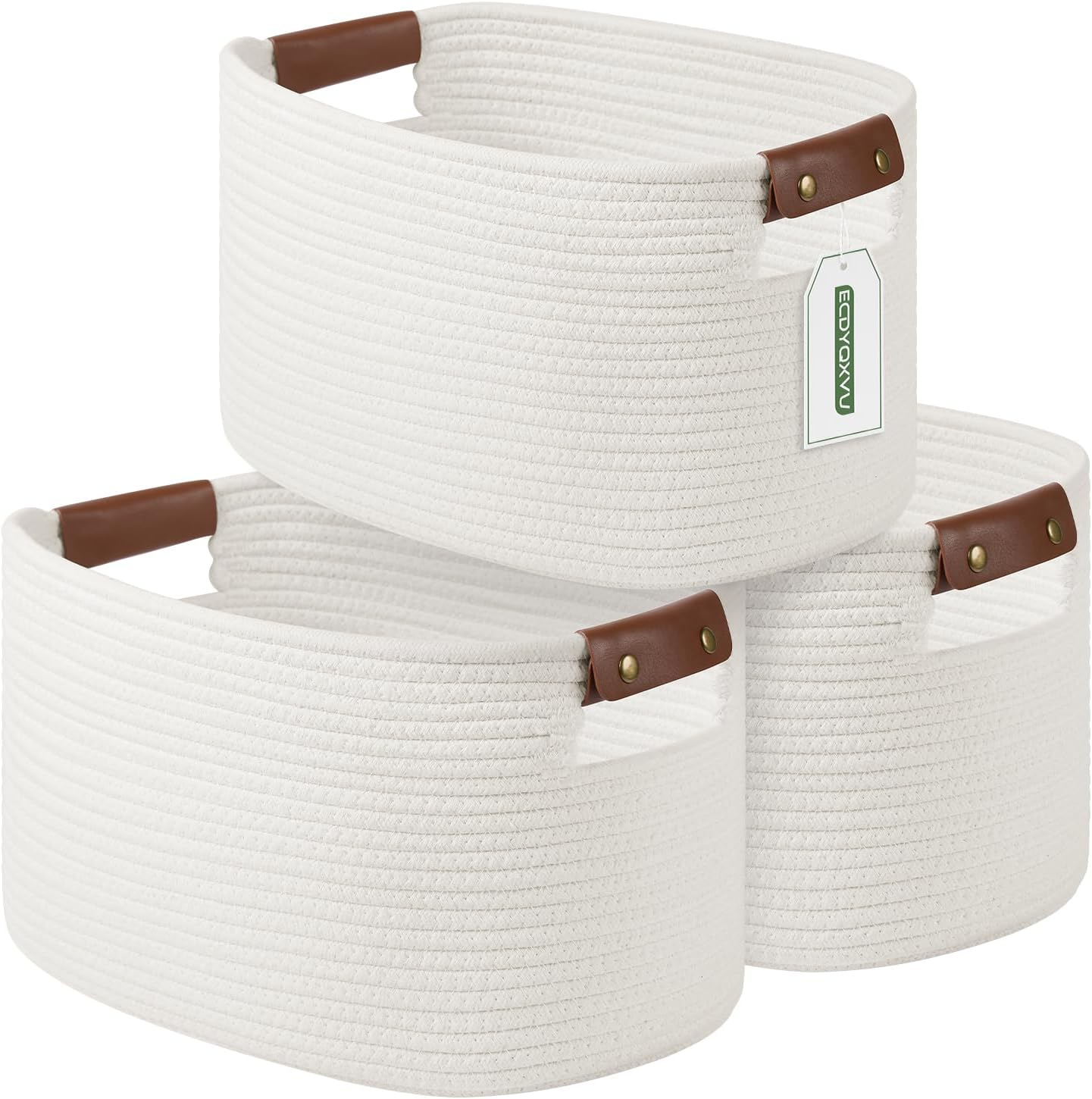 Cotton Rope Basket , Storage Baskets with Handle, 15X10X9 Inch Woven Basket for Shelves, Laundry, Towels, Clothes, Books, Toys (White, 3 Pack) image number 5