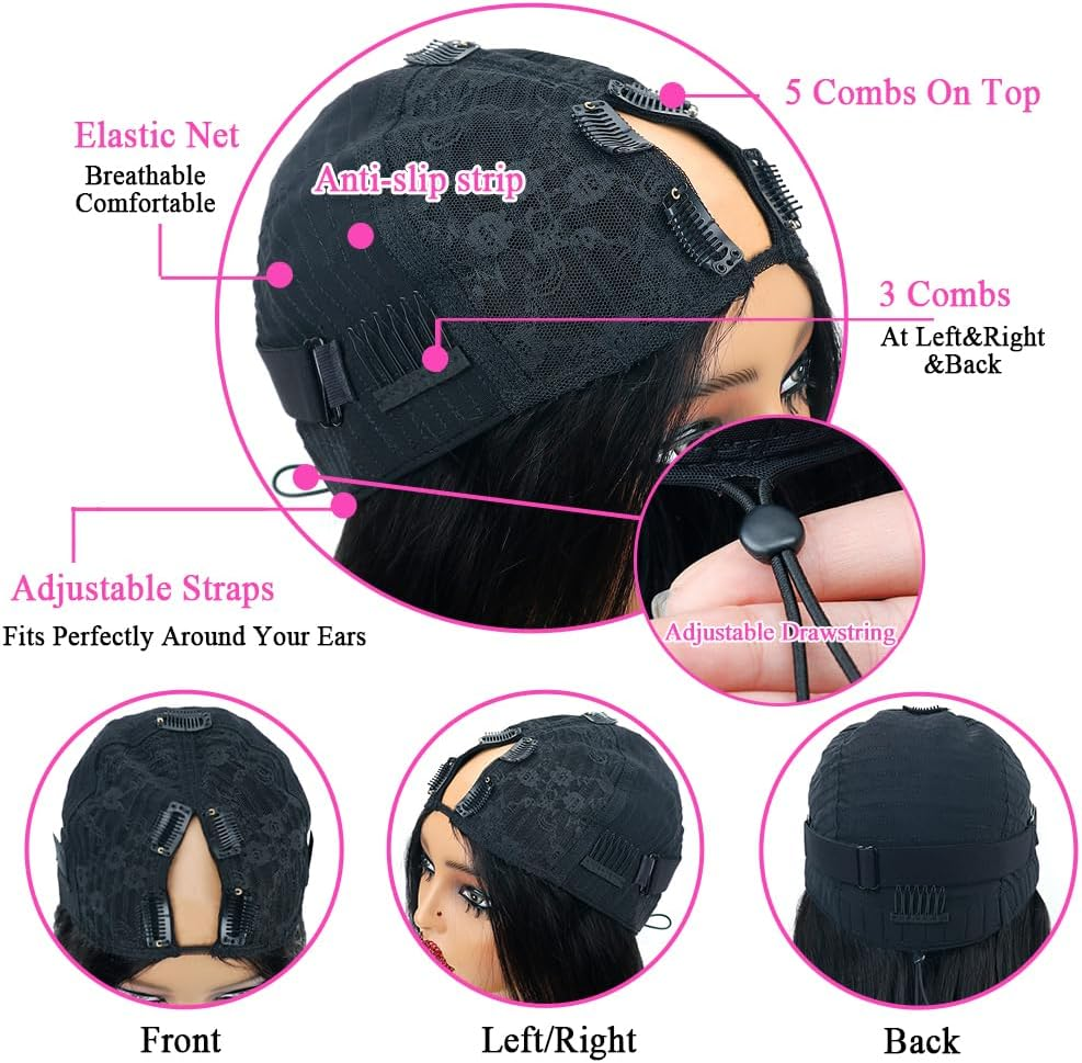 Amznlady V Part Brazilian Human Hair Straight Wigs for Black Women U Part Glueless Wig with Middle Clip image number 1