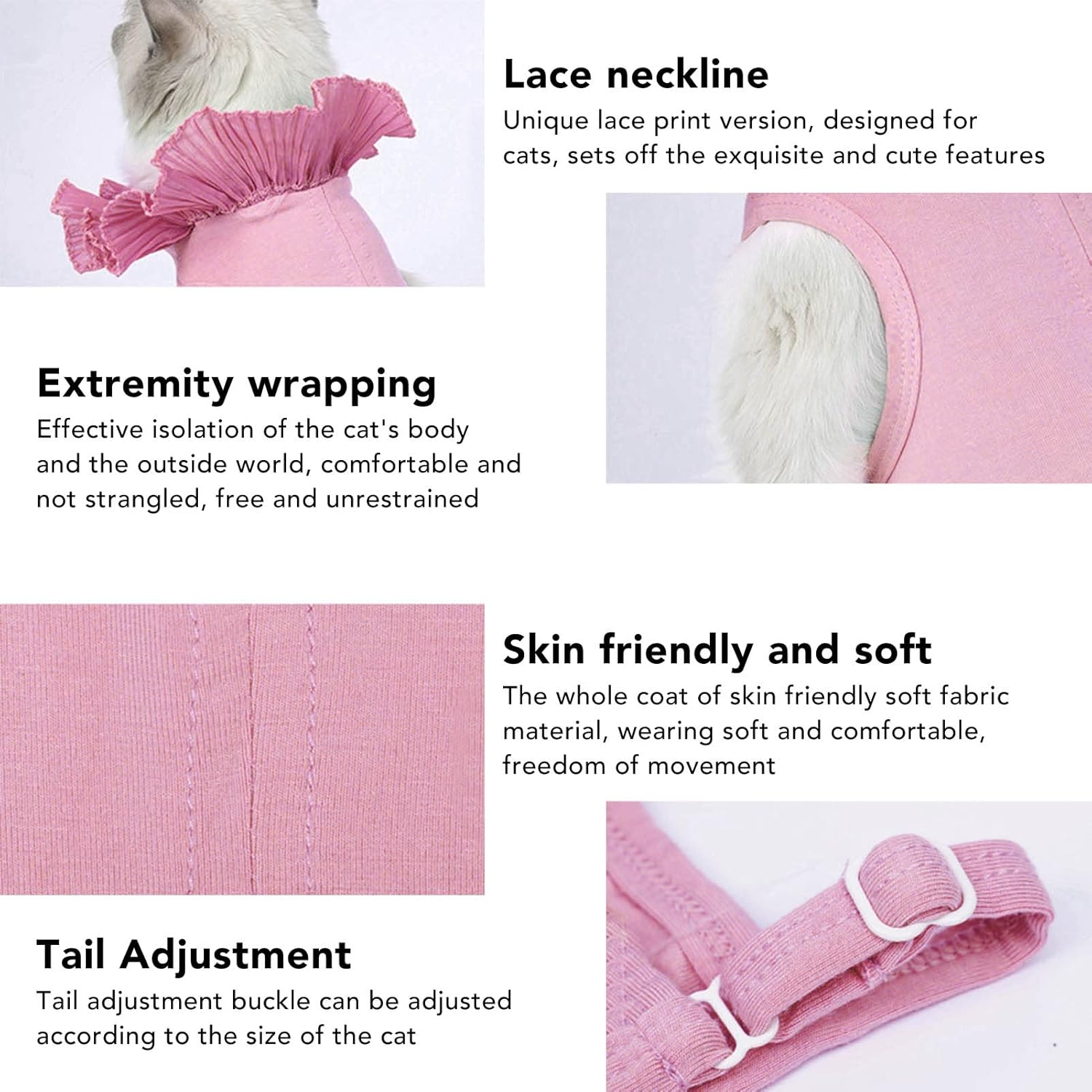 Cat Recovery Suit, Lace Neckline Cat Recovery Shirt with Adjustable Buckle, Kitten Surgry Full Bodysuit Bandages Cone E-Collar Alternative for Cats Kitten (M) image number 5